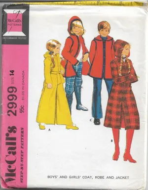 McCalls 2999 Vintage 1970's Sewing Pattern Long Robe Coat Jacket Children Boys Girls