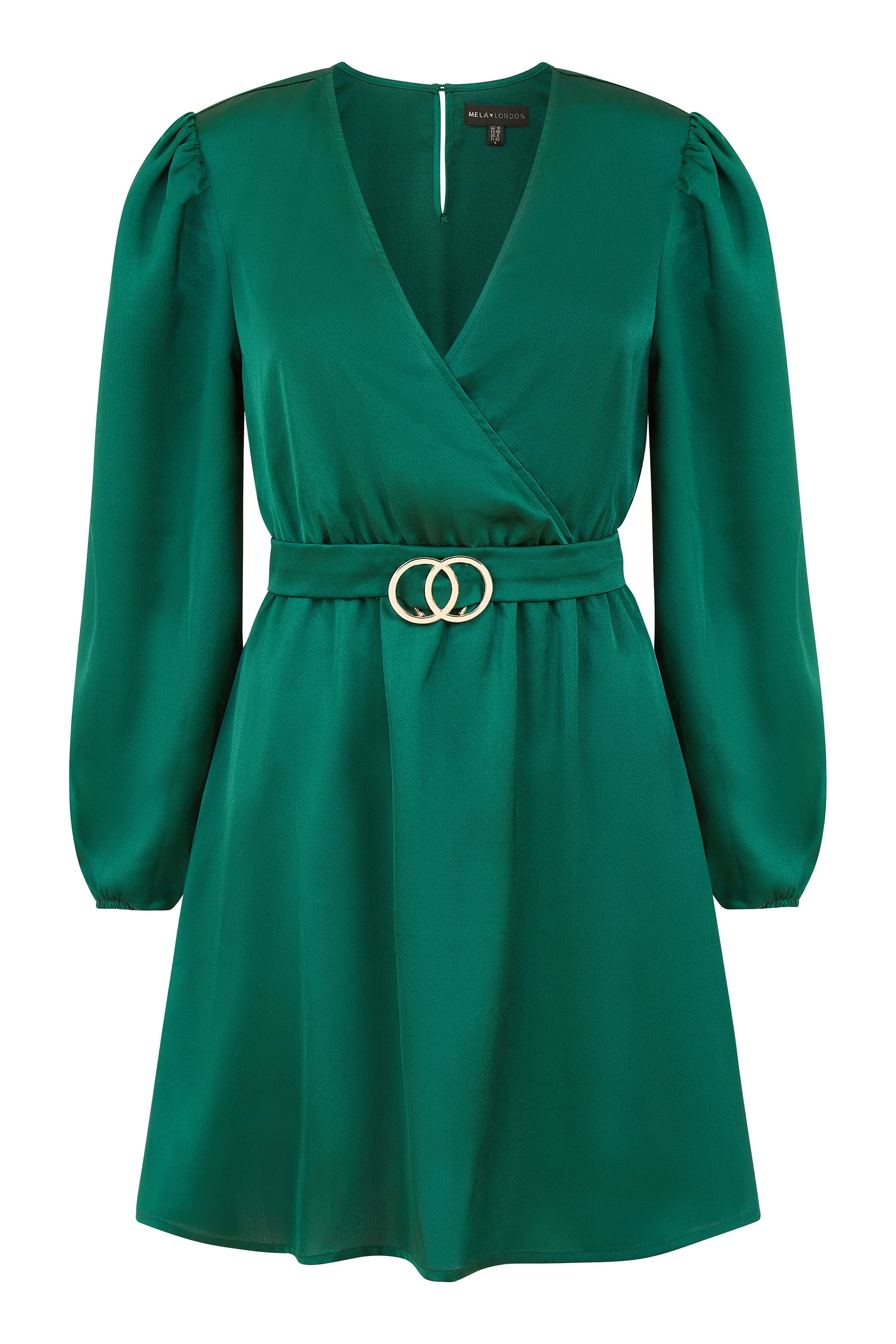 Mela London Green Satin Wrap Dress With Long Sleeves