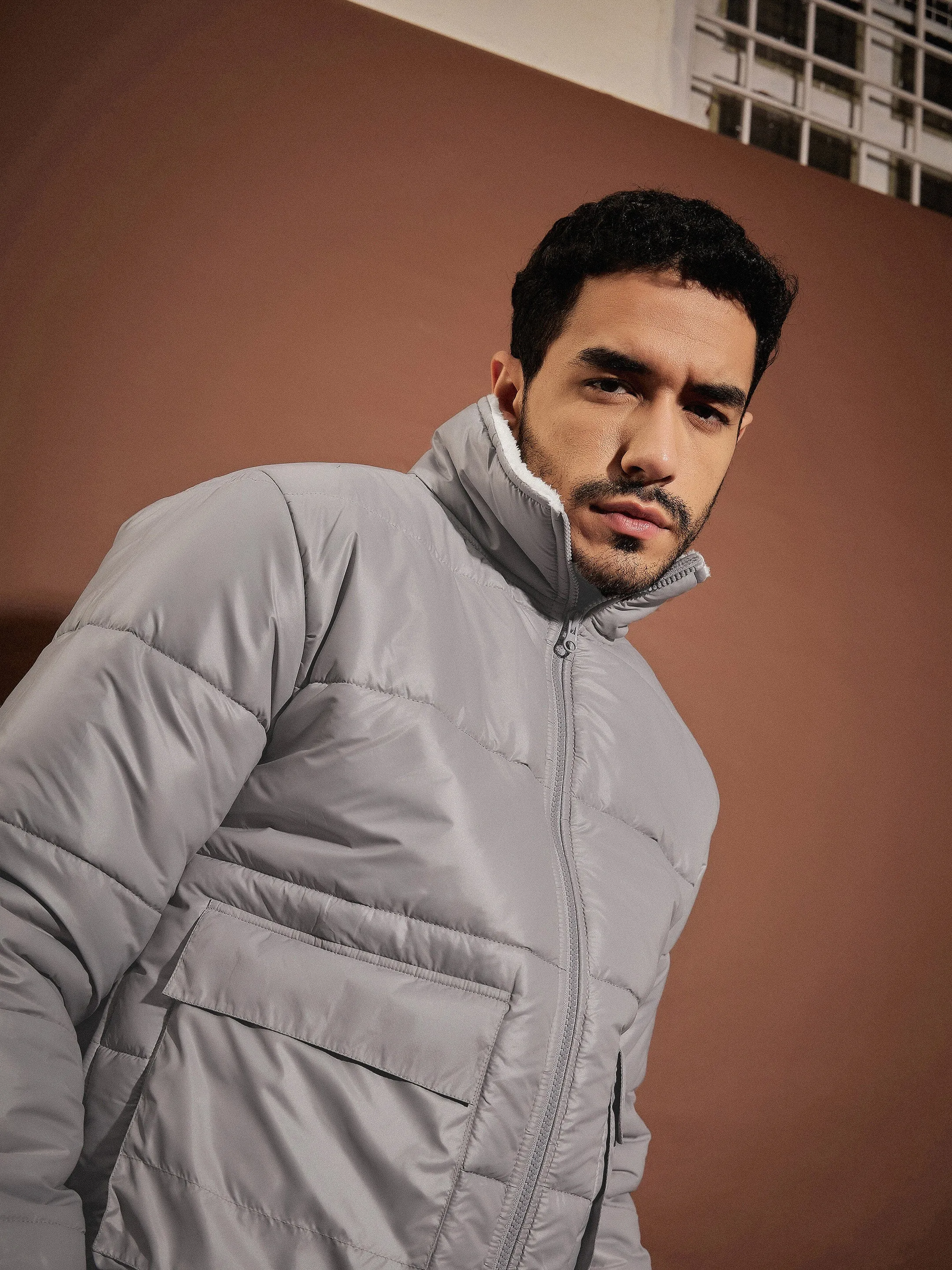 Men Grey Front Pocket Puffer Jacket