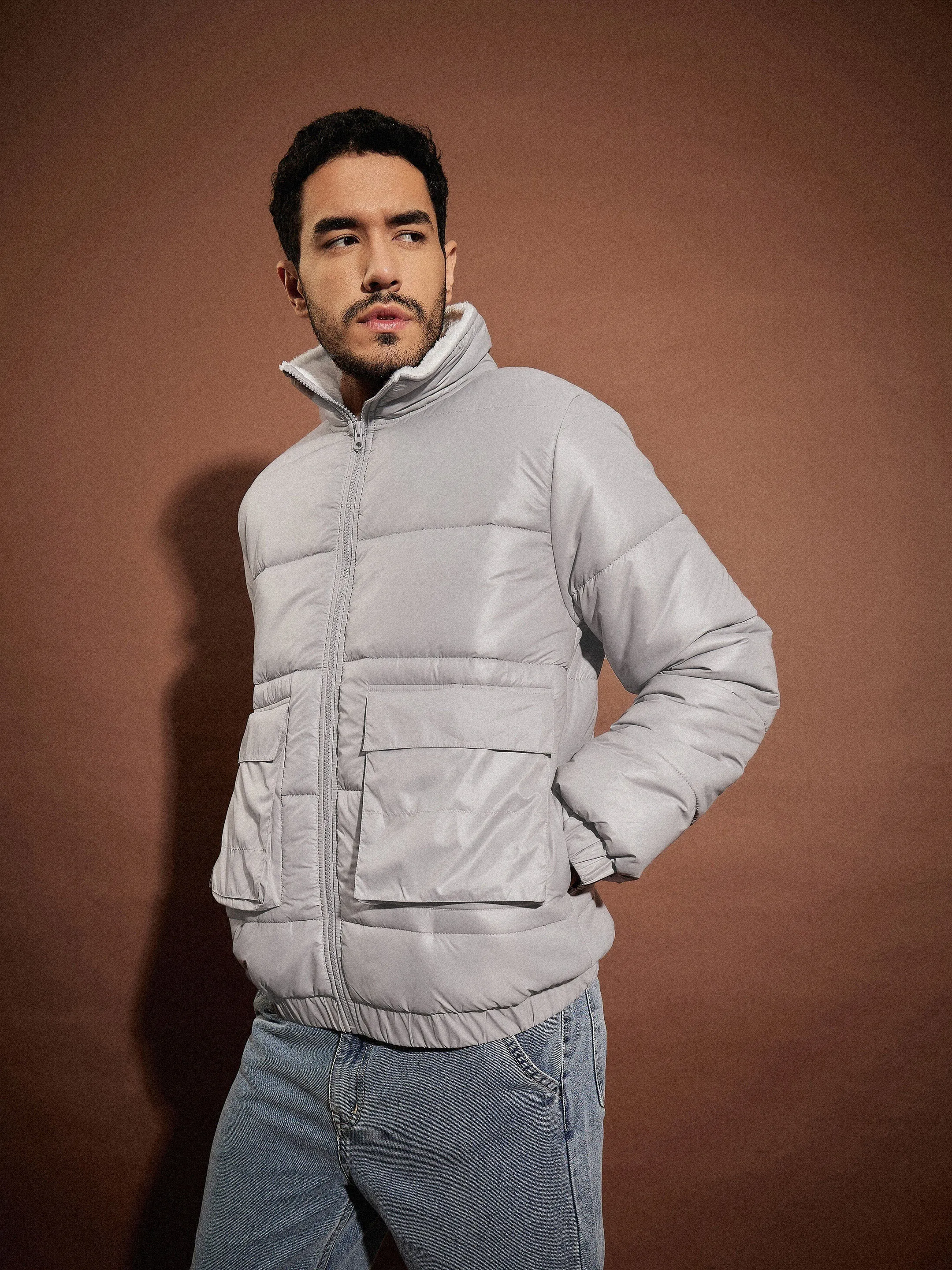 Men Grey Front Pocket Puffer Jacket