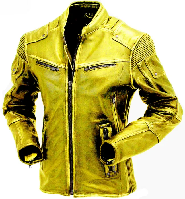 Men Yellow Vintage Motorcycle Cafe Racer Leather Jacket