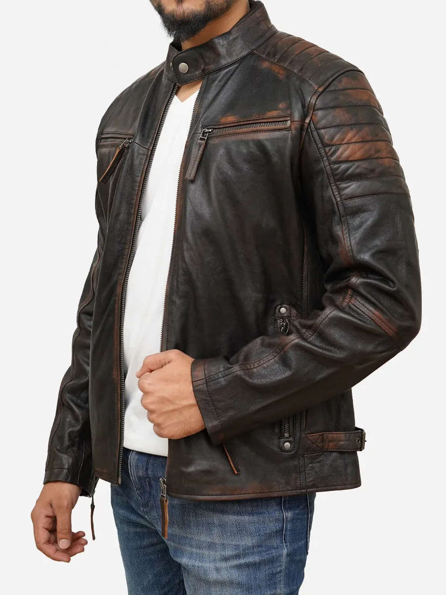 Men's Distressed Brown Leather Moto Cafe Racer Jacket