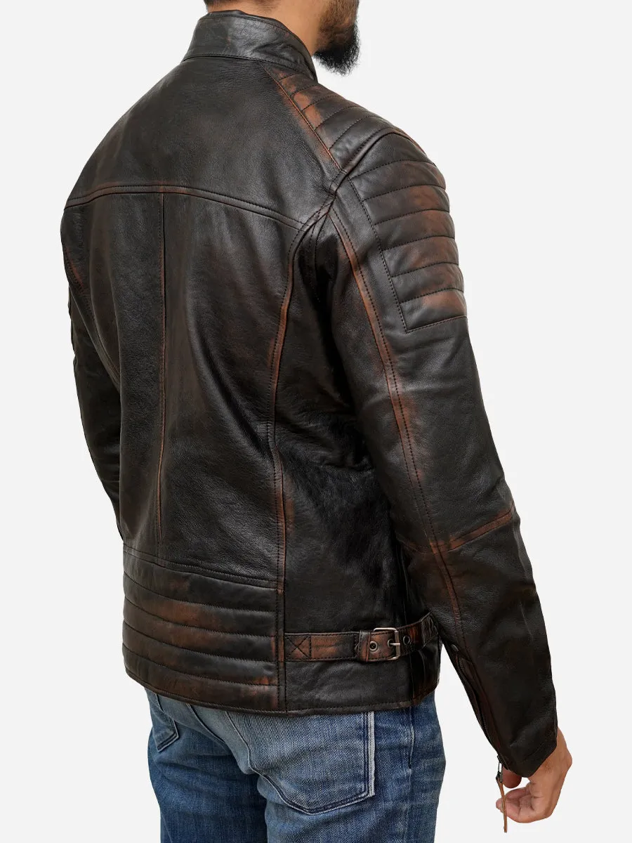 Men's Distressed Brown Leather Moto Cafe Racer Jacket