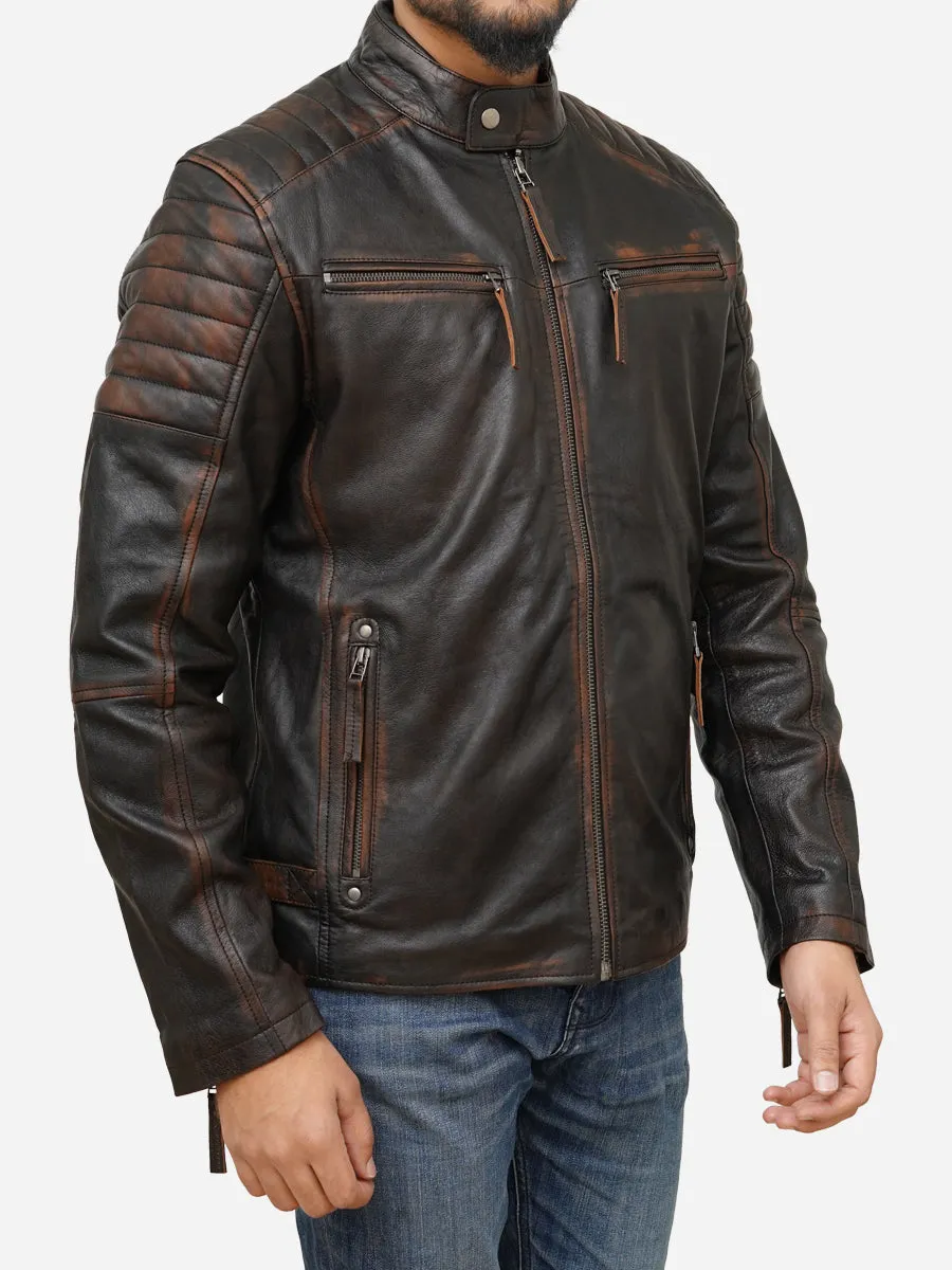 Men's Distressed Brown Leather Moto Cafe Racer Jacket