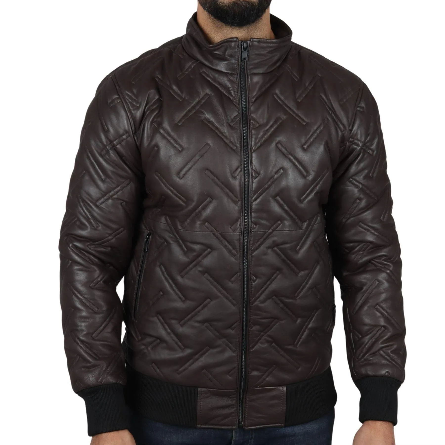 Men's Puffer Quilted Bomber Jacket Real Leather Casual