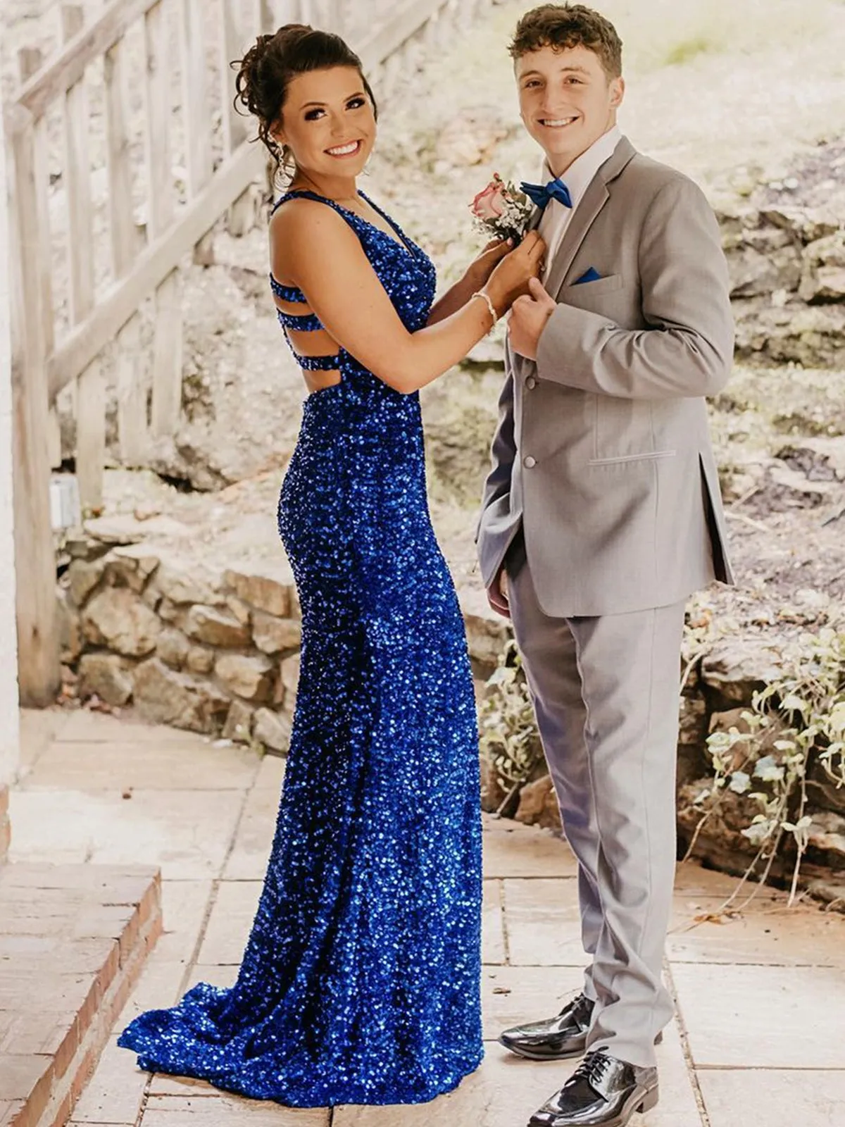 Mermaid V Neck Open Back Blue Sequins Long Prom Dresses, High Slit Mermaid Blue Formal Dresses, Shiny Sequins Blue Evening Dresses