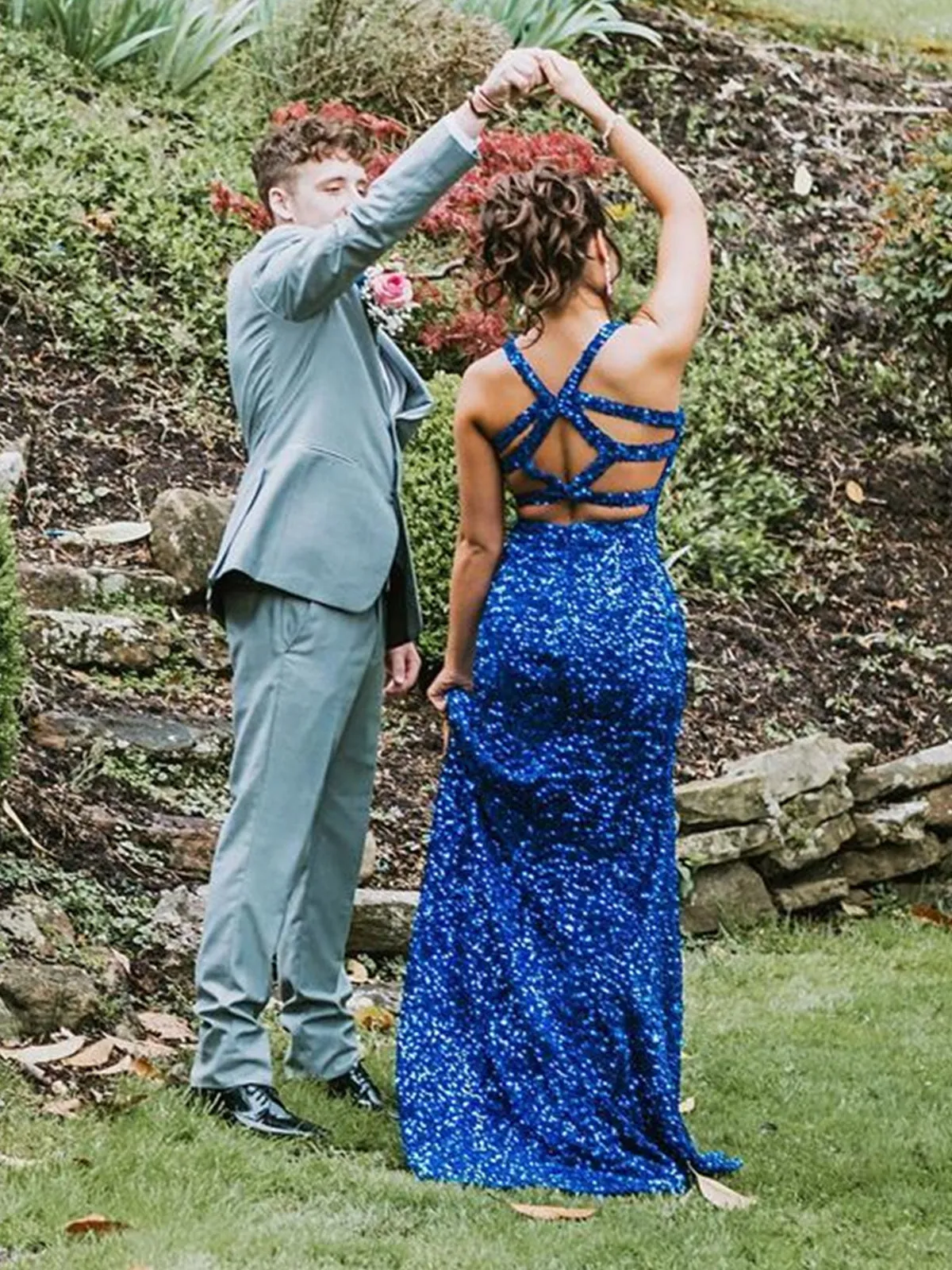 Mermaid V Neck Open Back Blue Sequins Long Prom Dresses, High Slit Mermaid Blue Formal Dresses, Shiny Sequins Blue Evening Dresses