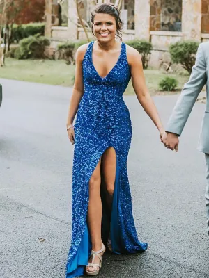 Mermaid V Neck Open Back Blue Sequins Long Prom Dresses, High Slit Mermaid Blue Formal Dresses, Shiny Sequins Blue Evening Dresses