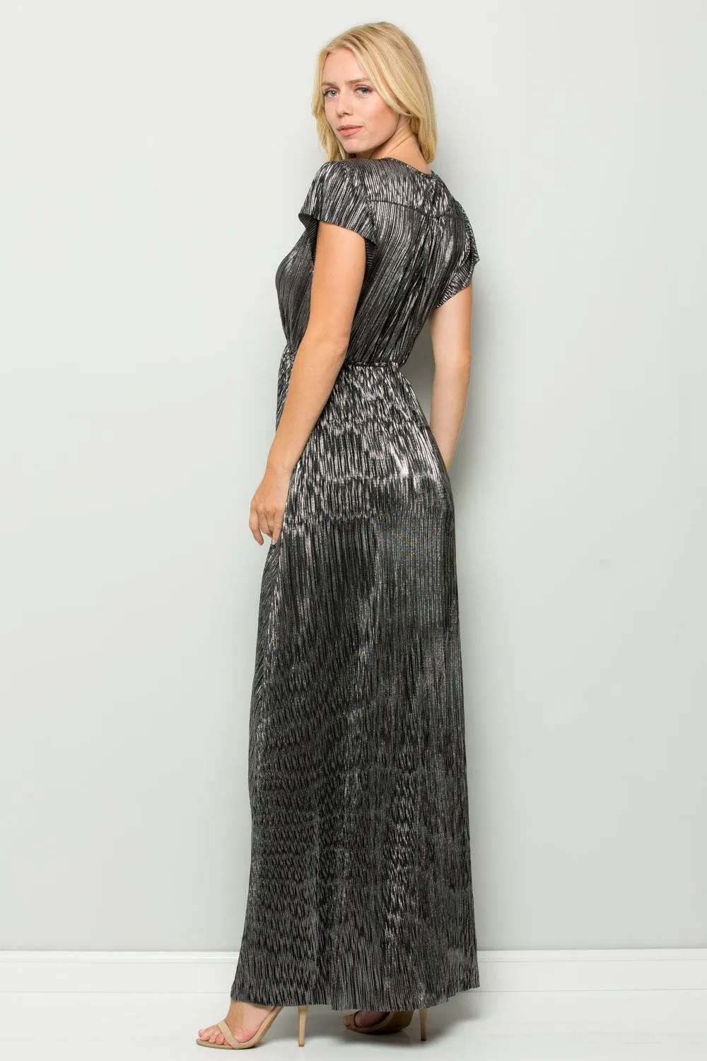 Metallic Pleated Wrap Maxi Dress, Black