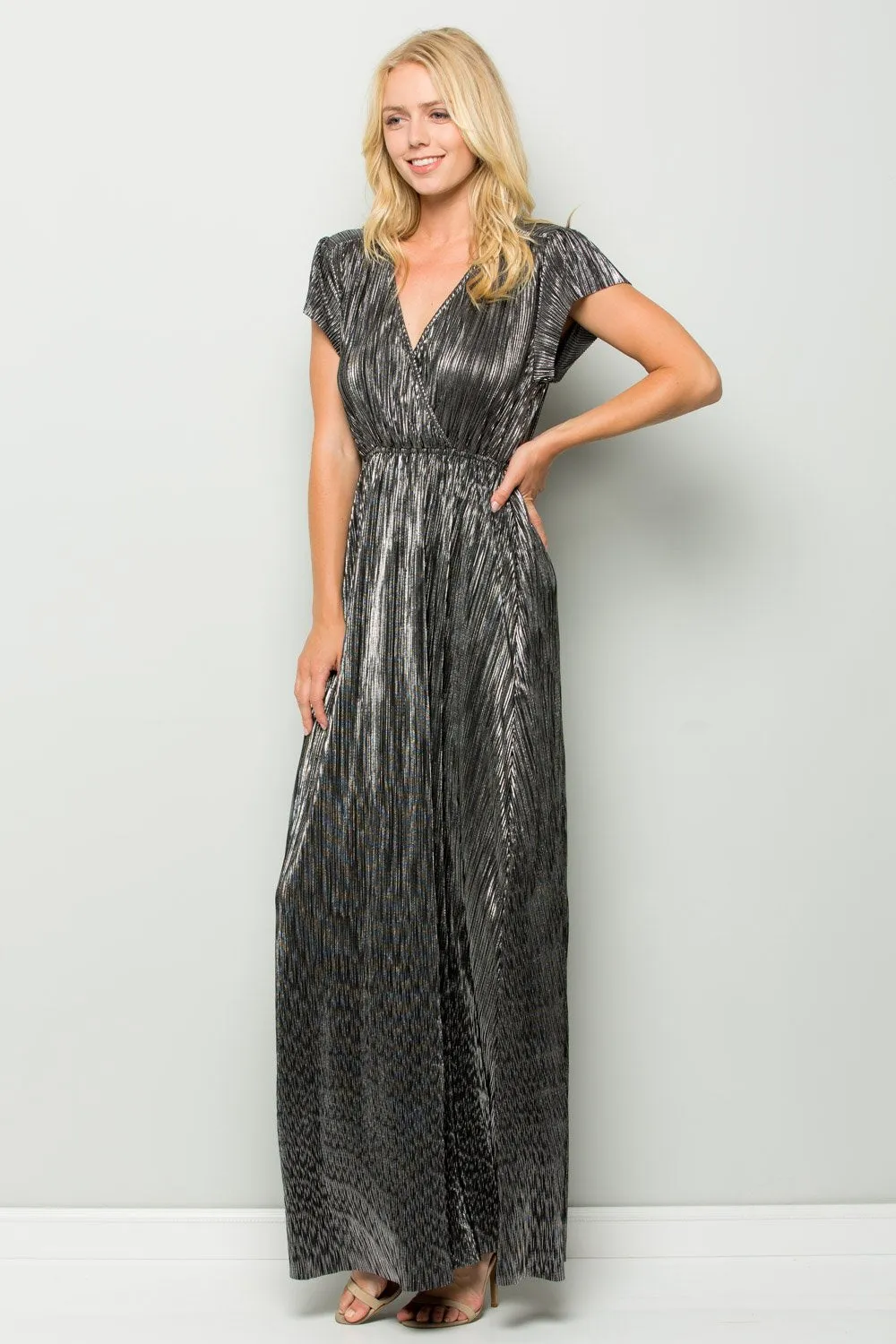 Metallic Pleated Wrap Maxi Dress, Black