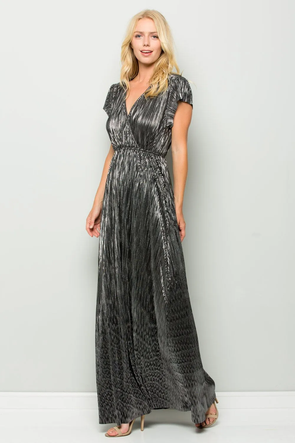 Metallic Pleated Wrap Maxi Dress, Black