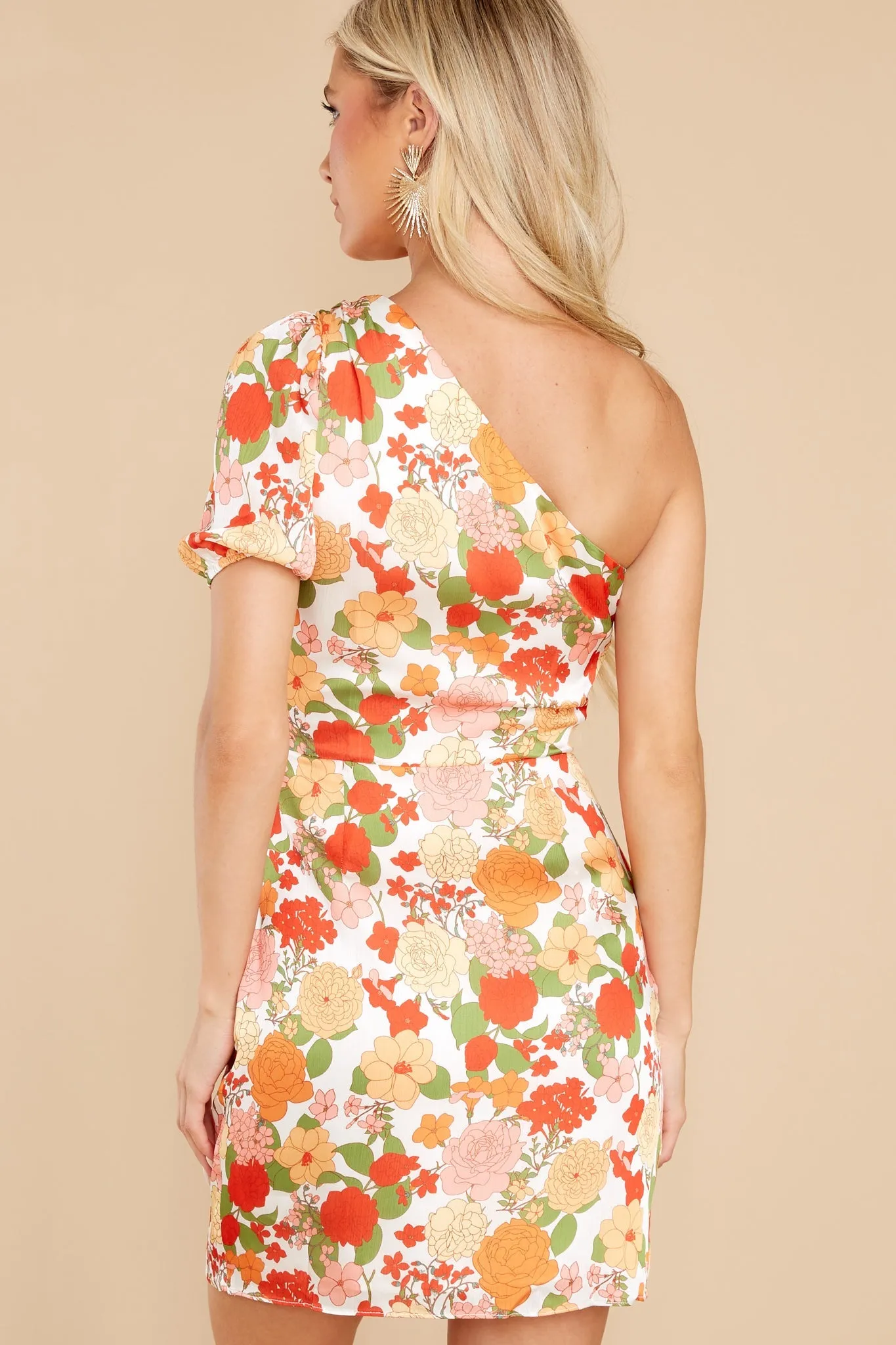 Moraea Red And Orange Peony Print Satin One Shoulder Dress