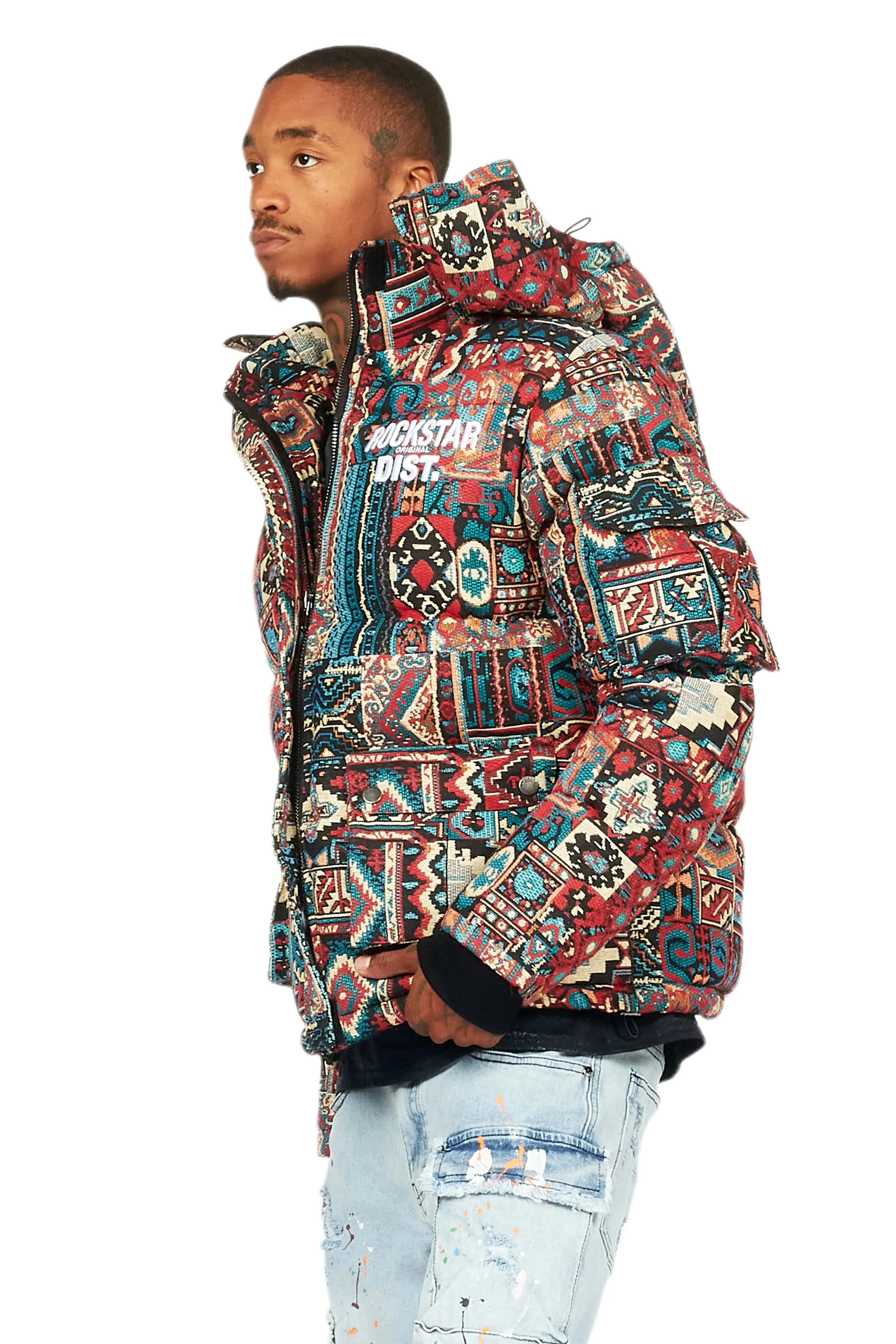 Nard Red Multi Tapestry Puffer Jacket