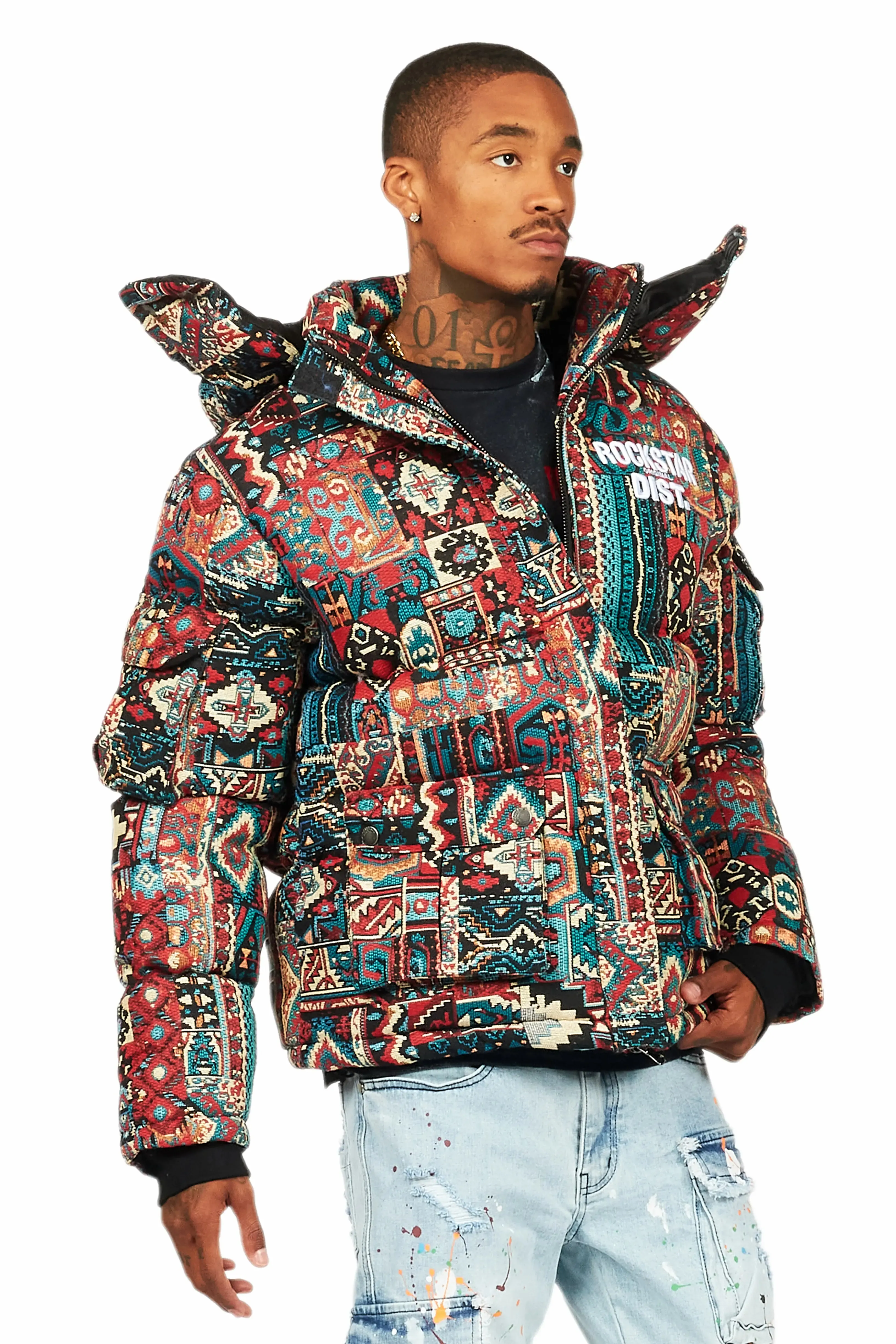 Nard Red Multi Tapestry Puffer Jacket