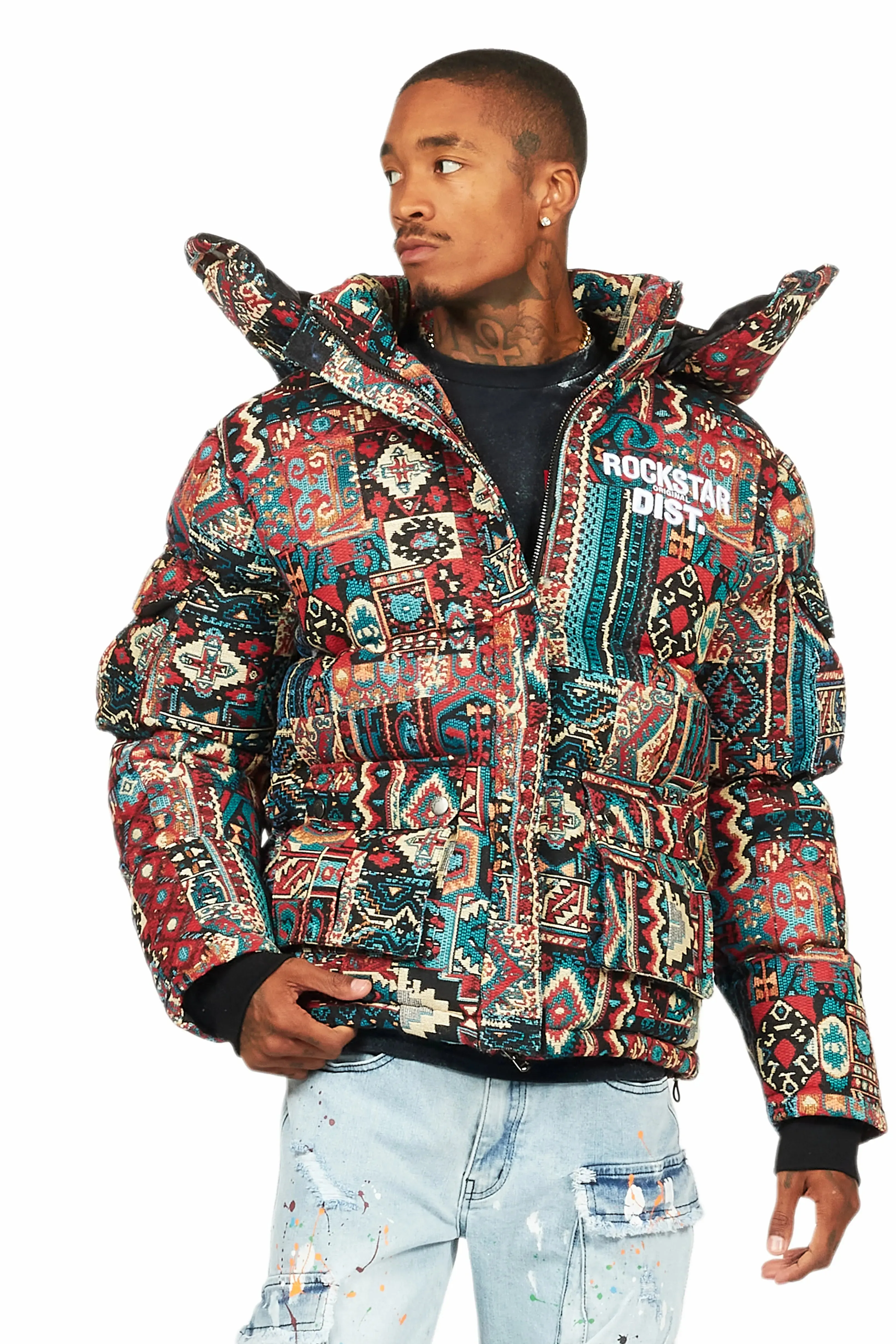 Nard Red Multi Tapestry Puffer Jacket