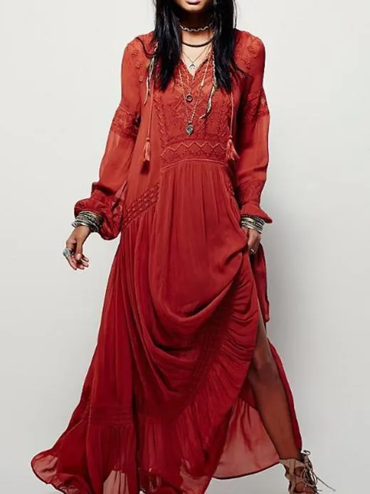 National Bohemia Inwrought Long Sleeve V Neck Beach Long Dress