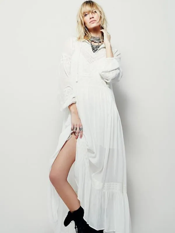 National Bohemia Inwrought Long Sleeve V Neck Beach Long Dress