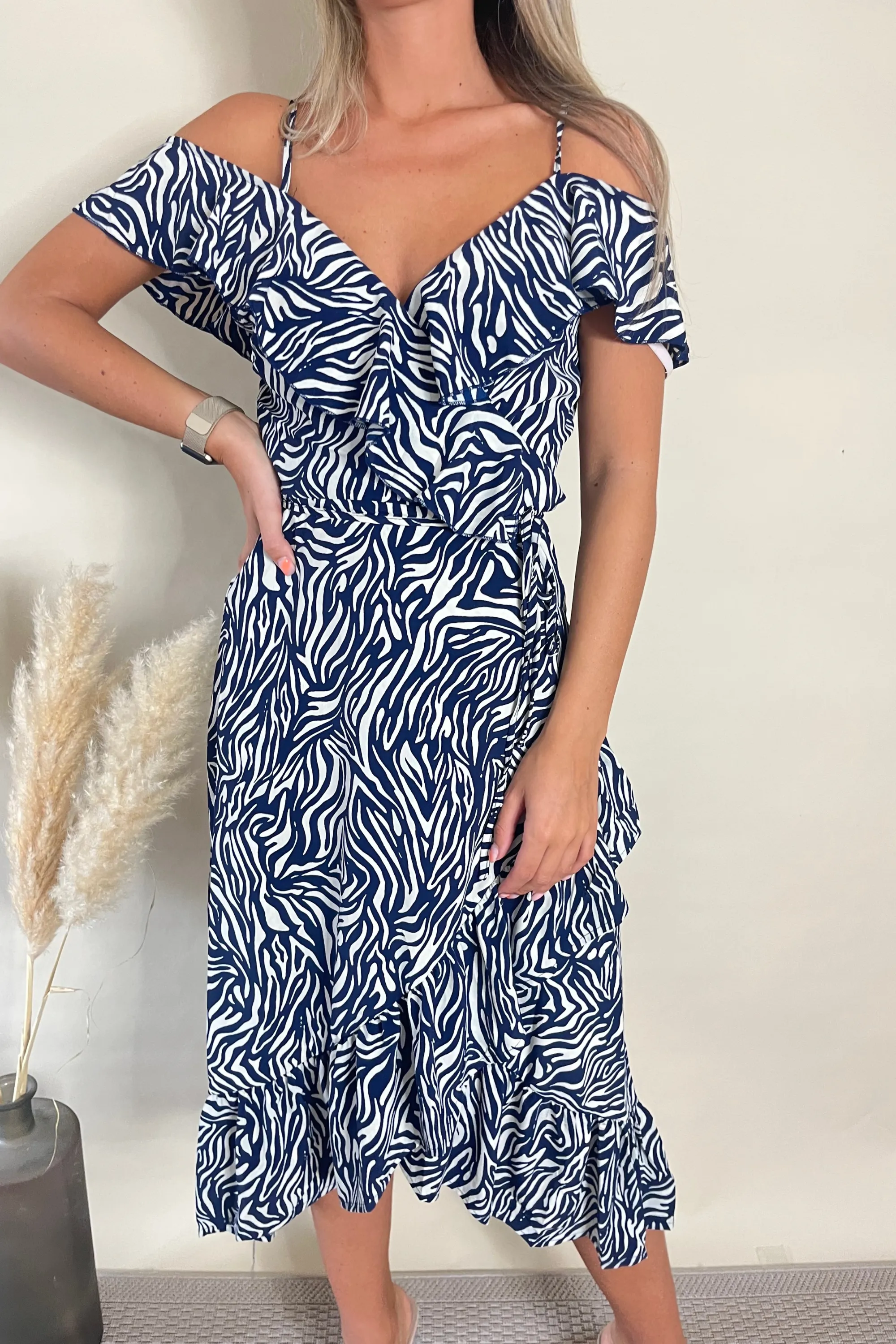 Navy Zebra Print Wrap Midi Dress