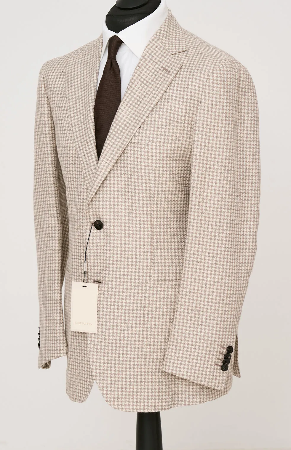 New Suitsupply Havana Light Brown Houndstooth Linen, Alpaca, Silk Unlined Blazer - Size 42L