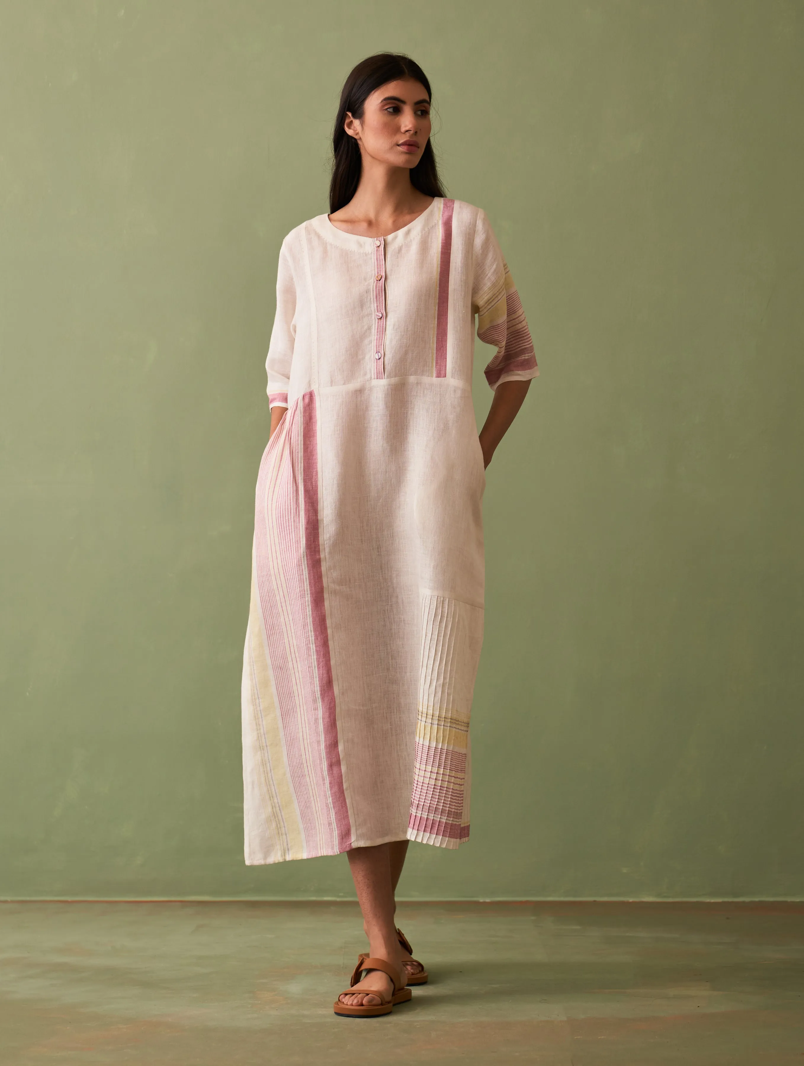 Nia Stripe Linen Dress - Ivory