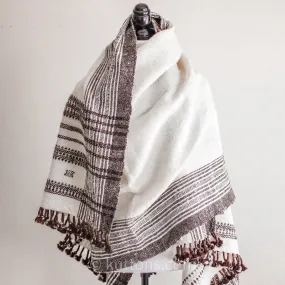 Nomadic Tribal Wrap Throw - Handspun & Handwoven Bhujodi Raw Wool Shawl | Cream, 36x84"