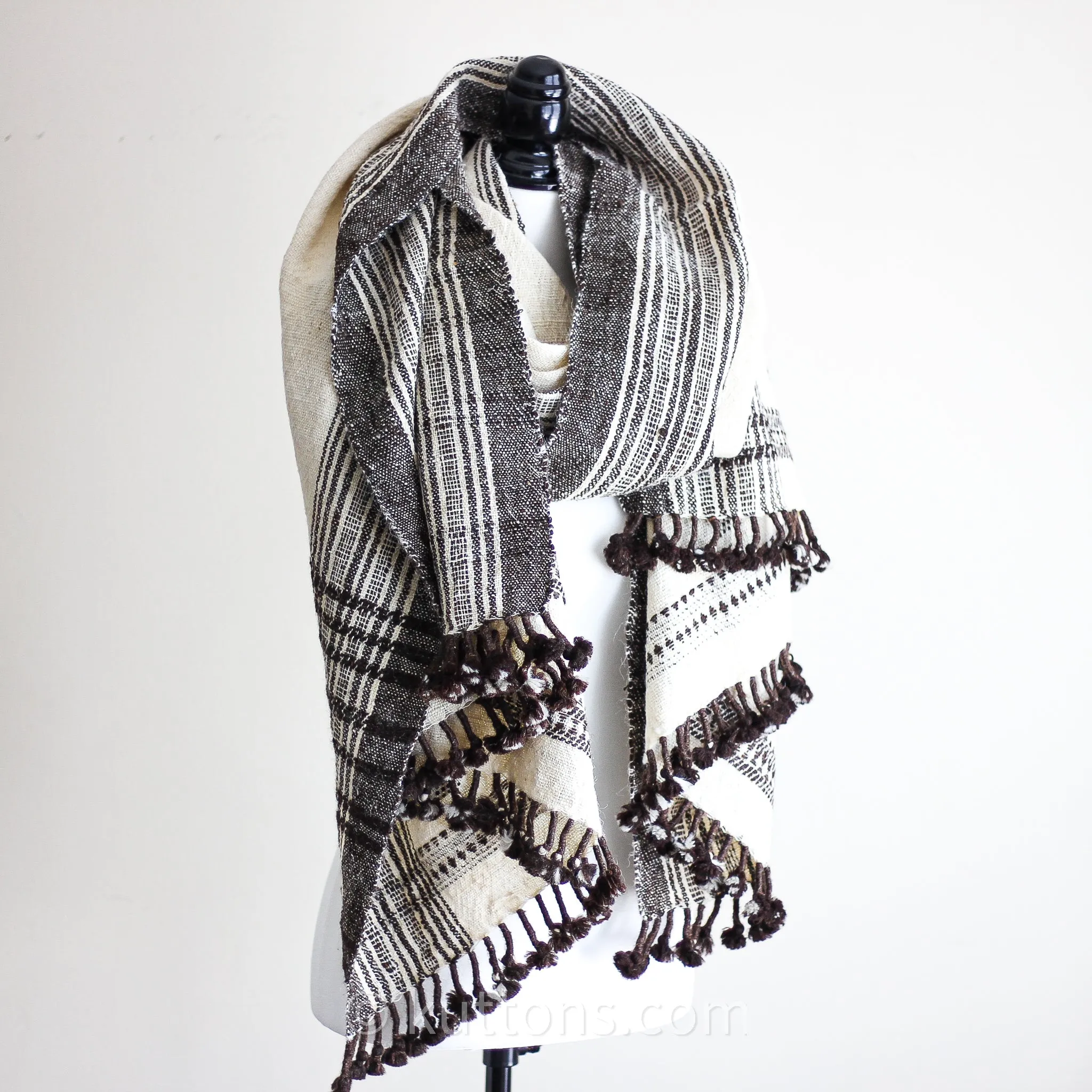 Nomadic Tribal Wrap Throw - Handspun & Handwoven Bhujodi Raw Wool Shawl | Cream, 36x84"