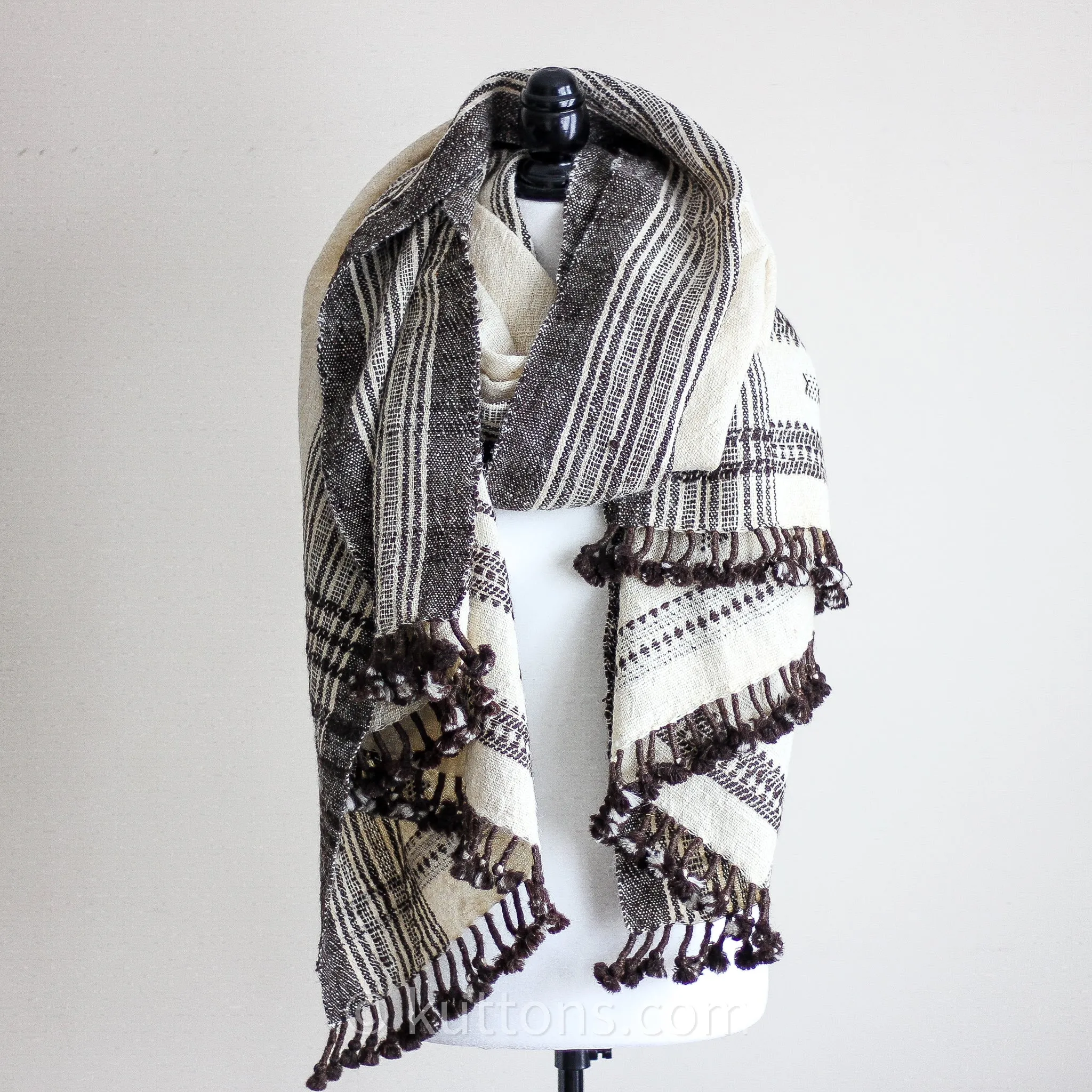 Nomadic Tribal Wrap Throw - Handspun & Handwoven Bhujodi Raw Wool Shawl | Cream, 36x84"