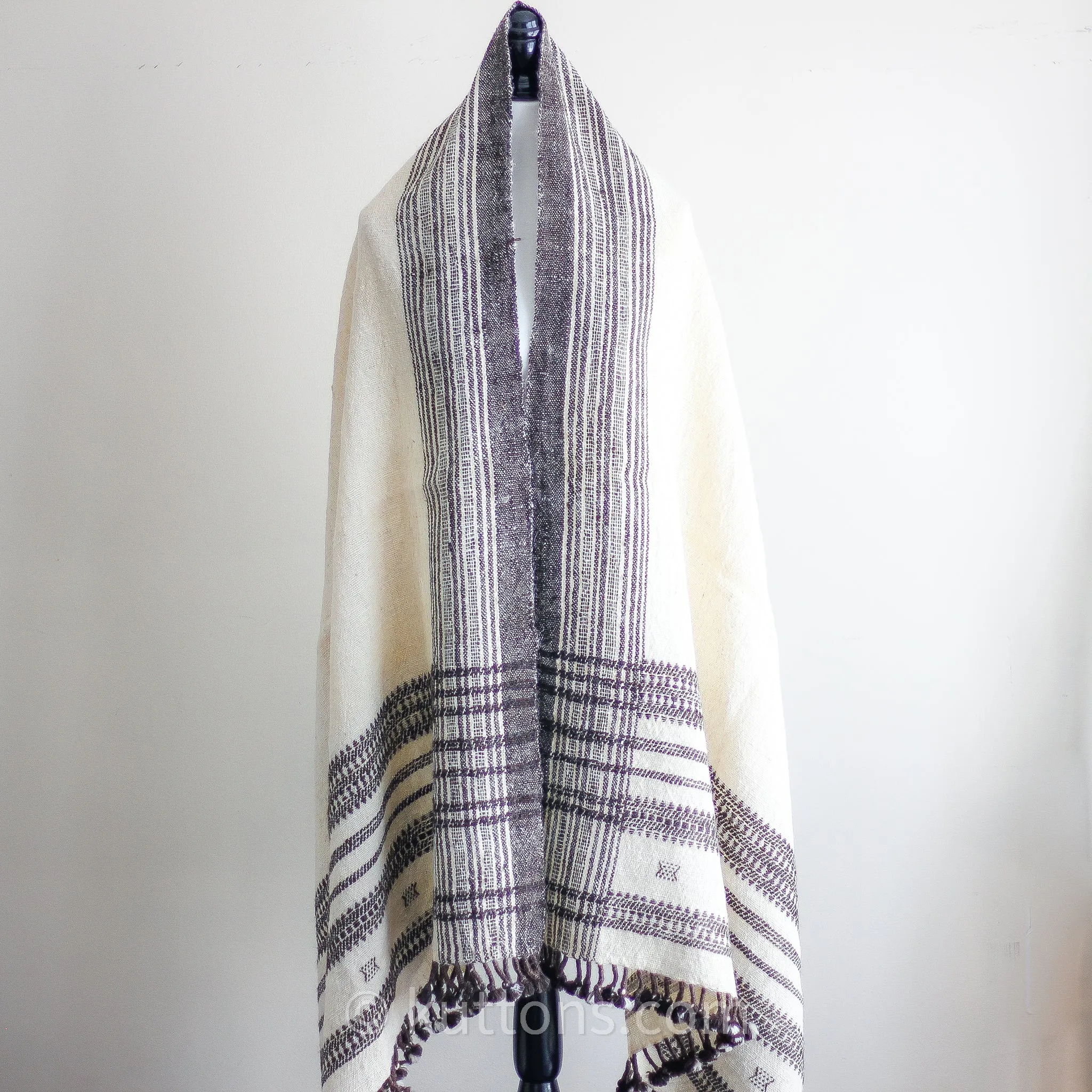 Nomadic Tribal Wrap Throw - Handspun & Handwoven Bhujodi Raw Wool Shawl | Cream, 36x84"