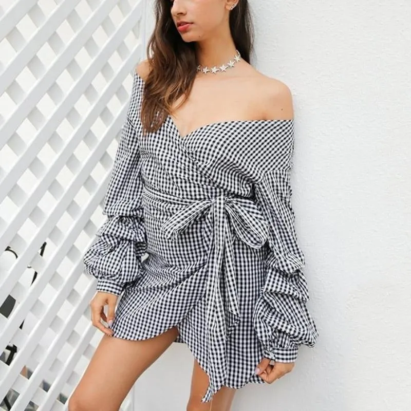 Off shoulder Bow Belt Plaid Wrap Sexy Dress