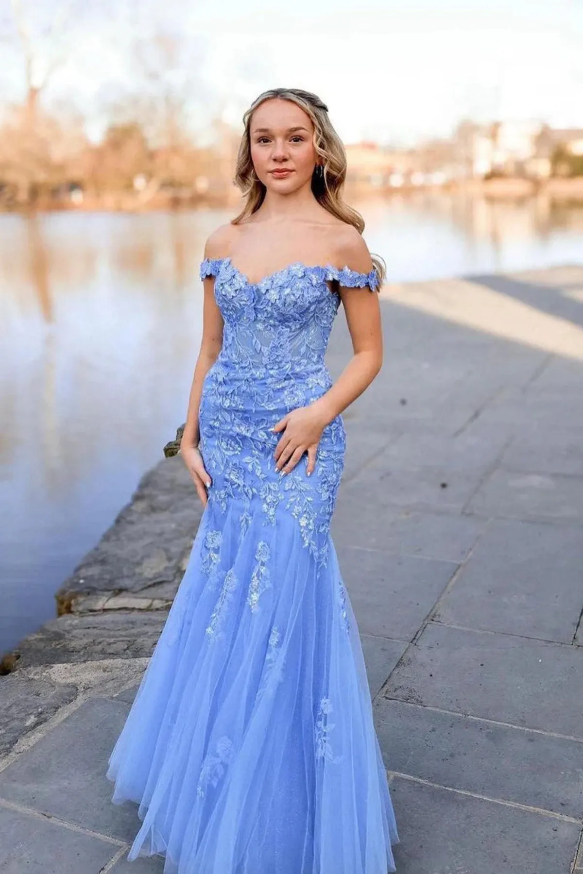 Off Shoulder Mermaid Blue Lace Long Prom Dress, Mermaid Blue Formal Dress, Blue Lace Evening Dress A2208