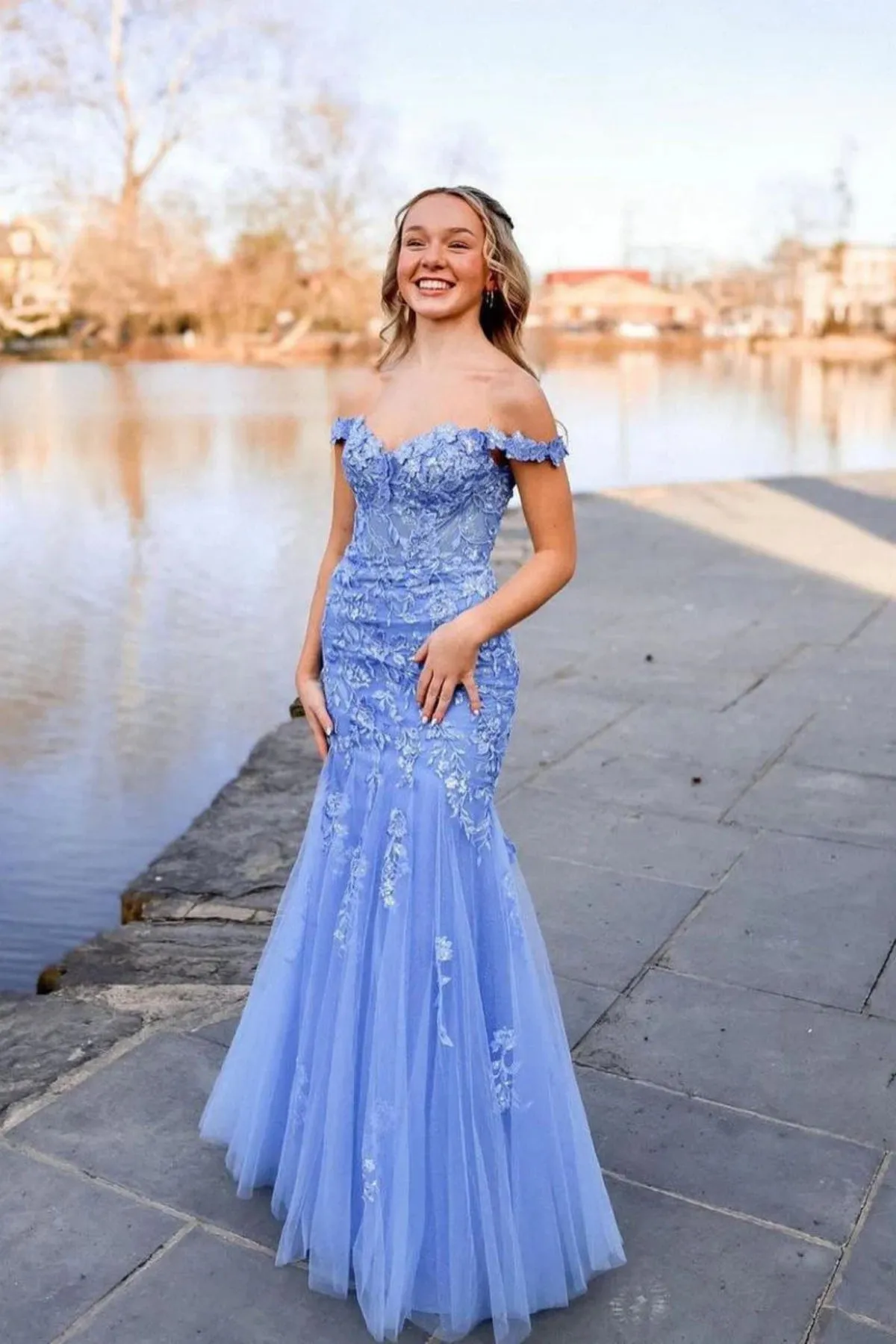 Off Shoulder Mermaid Blue Lace Long Prom Dress, Mermaid Blue Formal Dress, Blue Lace Evening Dress A2208