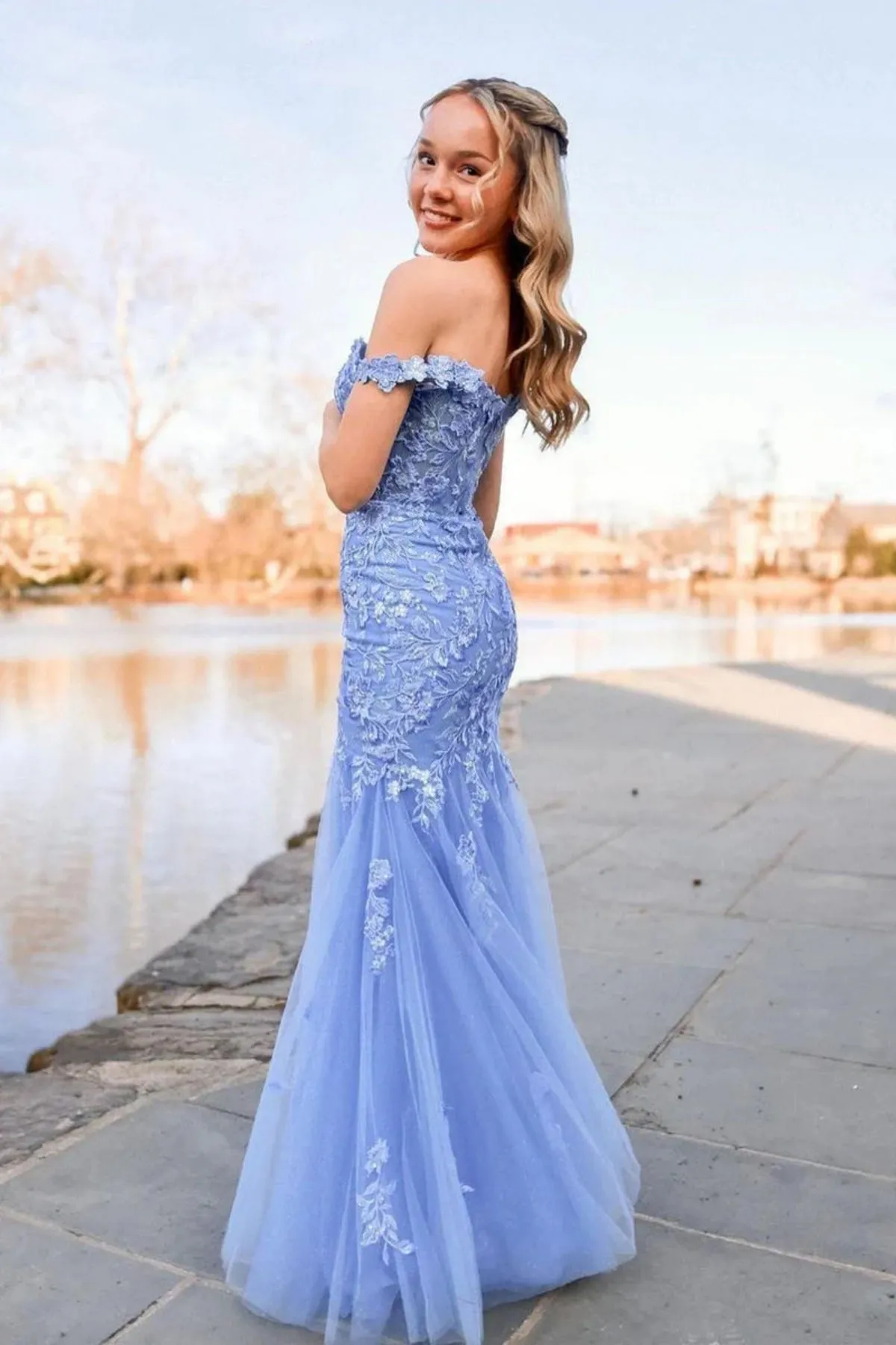 Off Shoulder Mermaid Blue Lace Long Prom Dress, Mermaid Blue Formal Dress, Blue Lace Evening Dress A2208