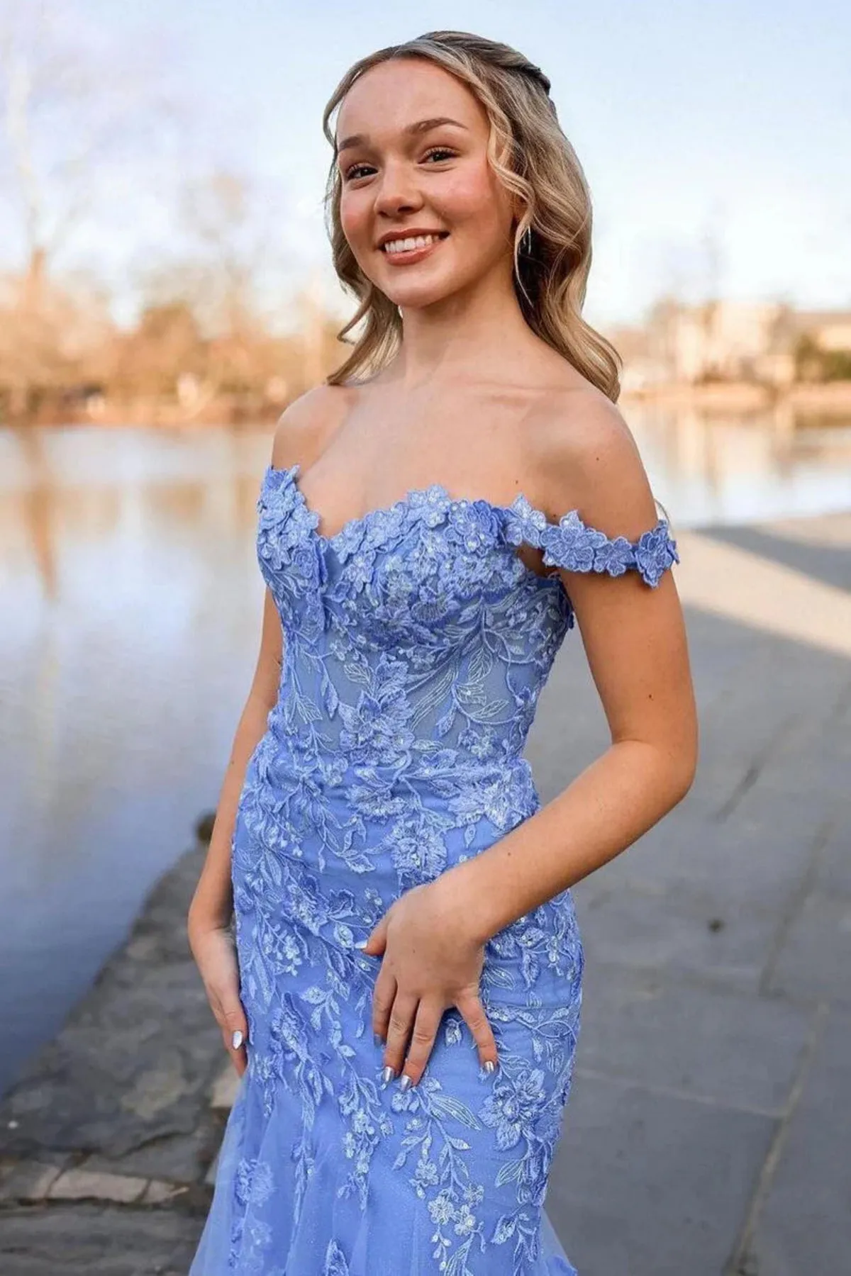 Off Shoulder Mermaid Blue Lace Long Prom Dress, Mermaid Blue Formal Dress, Blue Lace Evening Dress A2208