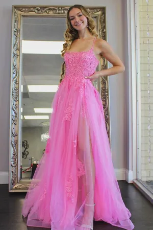 Open Back Pink Lace Long Prom Dress with High Slit, Backless Pink Formal Dress, Pink Lace Evening Dress A1475