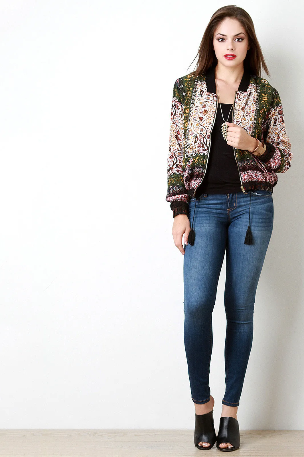 Paisley Boho Tassel Tie Bomber Jacket