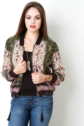 Paisley Boho Tassel Tie Bomber Jacket