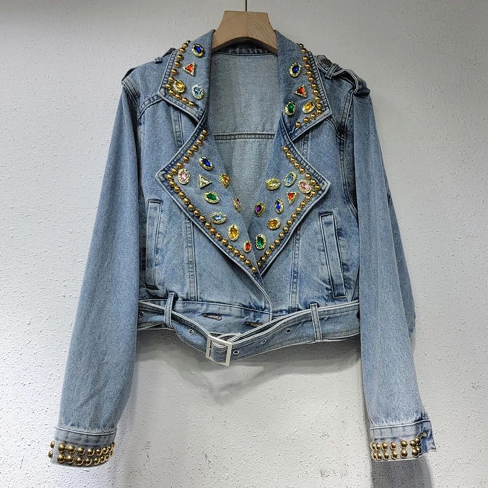 Patchwork Diamond Denim Coat For Women Lapel Long Sleeve Loose Casual Embroidered Flares Coats Female Fashion