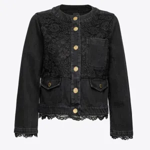 Patchwork Lace Solid Denim Coats For Women O Neck Long Sleeves Spliced Single Breasted Minimalist Jackets Female