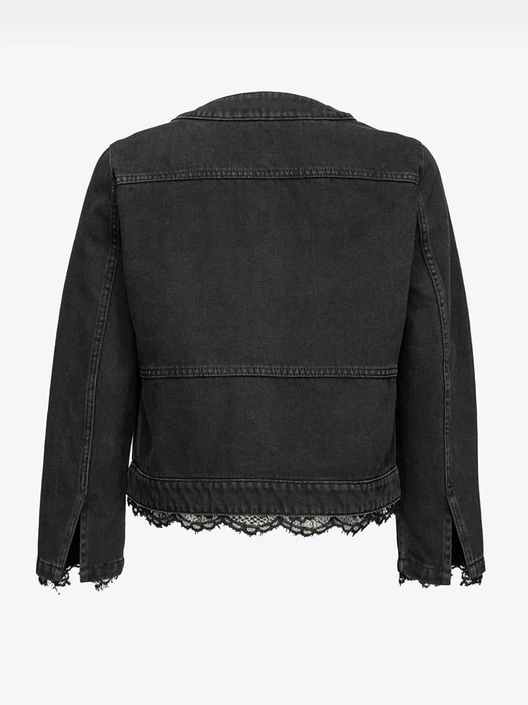 Patchwork Lace Solid Denim Coats For Women O Neck Long Sleeves Spliced Single Breasted Minimalist Jackets Female