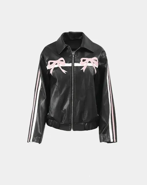 Pink Bow Black Faux Leather Jacket