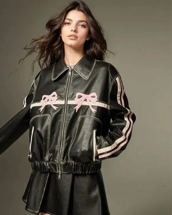 Pink Bow Black Faux Leather Jacket