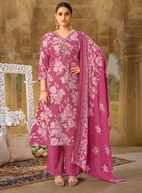 Pink Unstitched Pashmina Winter Suit Dress Material Printed with Embroidery