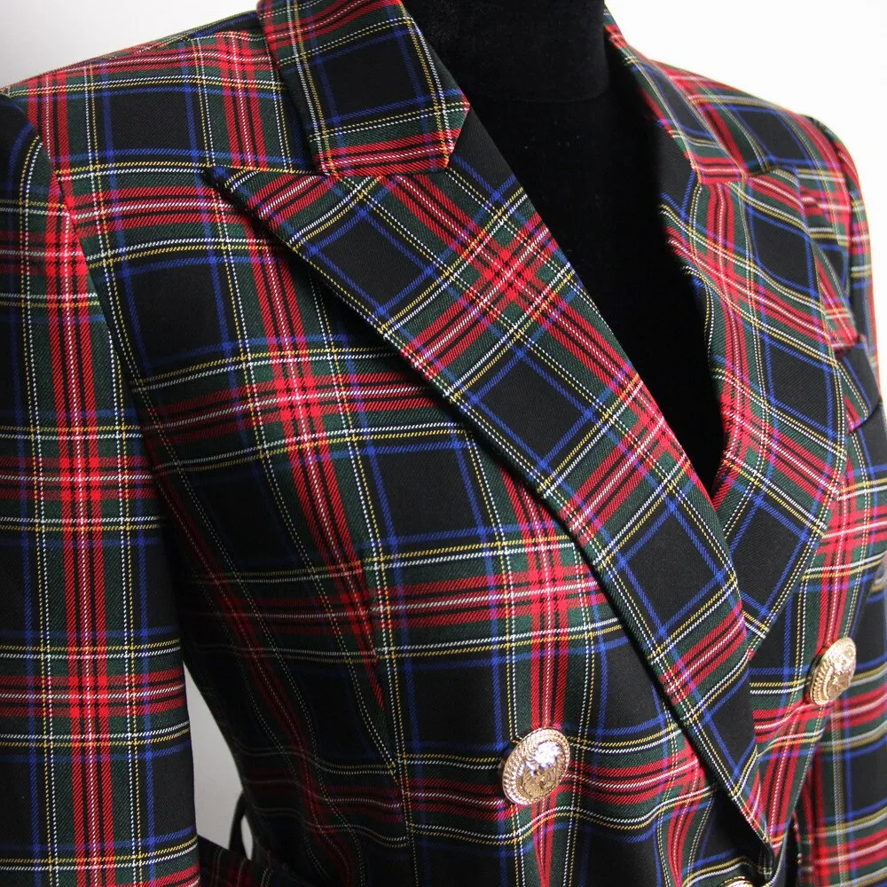 Plaid Double-Breasted Blazer Dress with Belt