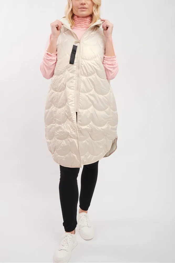 Plain Quilted Zip Up Long Hooded Gilet