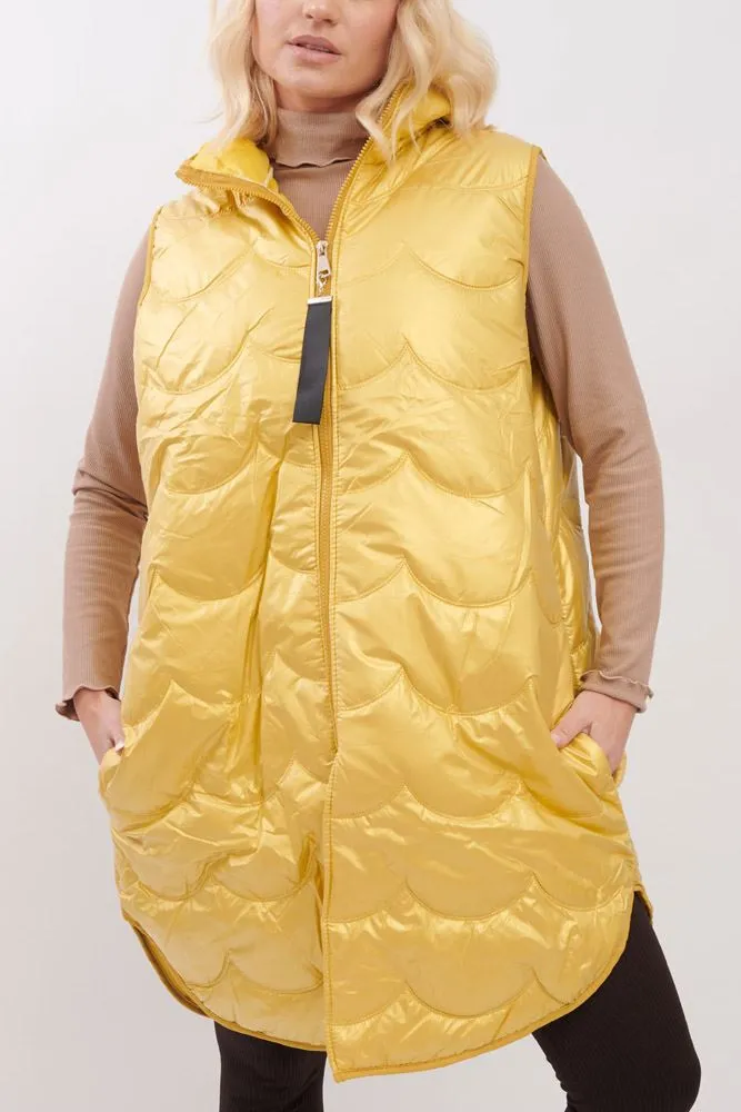 Plain Quilted Zip Up Long Hooded Gilet