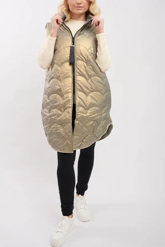 Plain Quilted Zip Up Long Hooded Gilet