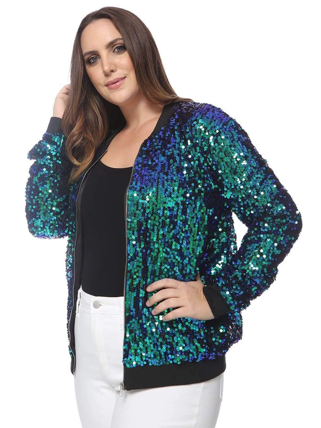 Plus Size Sequin Bomber Jacket