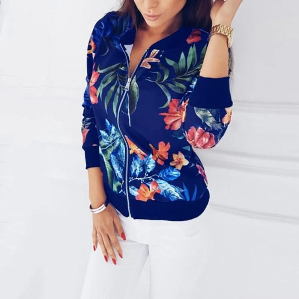 Pockets Zipper Long Sleeve Flower Chiffon Jacket