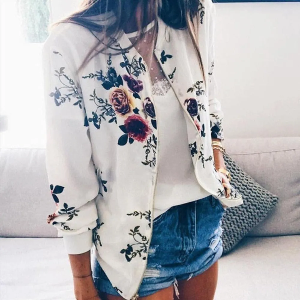 Pockets Zipper Long Sleeve Flower Chiffon Jacket