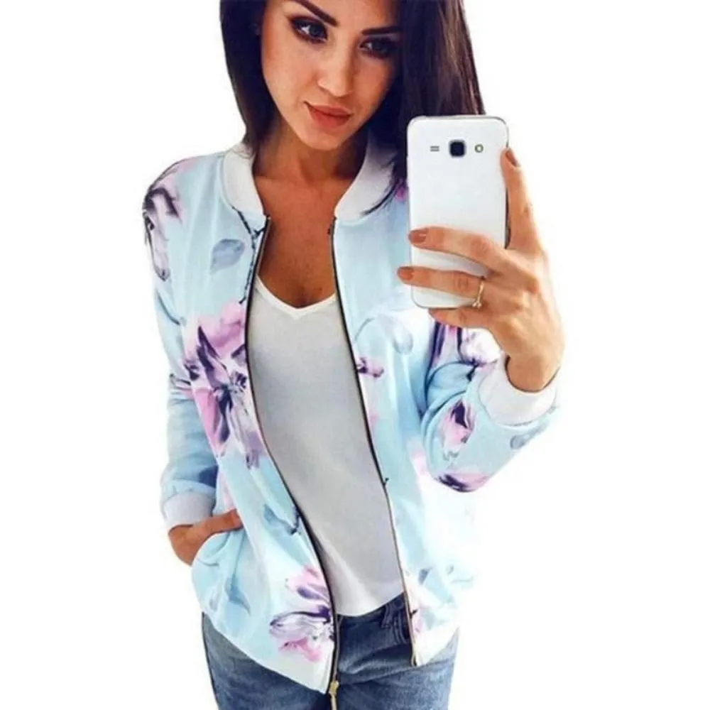 Pockets Zipper Long Sleeve Flower Chiffon Jacket